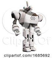 Poster, Art Print Of Robot Containing Dual Retro Camera Head And Reversed Fin Head And Heavy Upper Chest And Prototype Exoplate Legs White Hero Pose