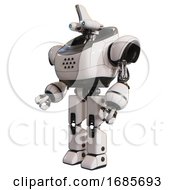 Poster, Art Print Of Robot Containing Dual Retro Camera Head And Reversed Fin Head And Heavy Upper Chest And Prototype Exoplate Legs White Facing Right View