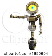 Poster, Art Print Of Android Containing Giant Eyeball Head Design And Light Chest Exoshielding And Ultralight Chest Exosuit And Unicycle Wheel Gold Arm Out Holding Invisible Object
