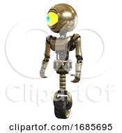 Poster, Art Print Of Android Containing Giant Eyeball Head Design And Light Chest Exoshielding And Ultralight Chest Exosuit And Unicycle Wheel Gold Standing Looking Right Restful Pose