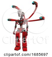 Poster, Art Print Of Cyborg Containing Humanoid Face Mask And Light Chest Exoshielding And Blue-Eye Cam Cable Tentacles And No Chest Plating And Prototype Exoplate Legs Red Standing Looking Right Restful Pose