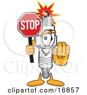 Spark Plug Mascot Cartoon Character Holding A Stop Sign