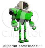 Poster, Art Print Of Automaton Containing Old Computer Monitor And Colored X Display And Red Buttons And Heavy Upper Chest And Ultralight Foot Exosuit Green Facing Left View
