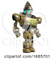 Poster, Art Print Of Android Containing Grey Alien Style Head And Blue Grate Eyes And Heavy Upper Chest And Colored Lights Array And Prototype Exoplate Legs Gold Hero Pose