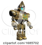 Poster, Art Print Of Android Containing Grey Alien Style Head And Blue Grate Eyes And Heavy Upper Chest And Colored Lights Array And Prototype Exoplate Legs Gold Facing Left View