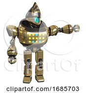 Poster, Art Print Of Android Containing Grey Alien Style Head And Blue Grate Eyes And Heavy Upper Chest And Colored Lights Array And Prototype Exoplate Legs Gold Pointing Left Or Pushing A Button
