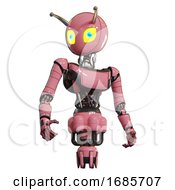 Poster, Art Print Of Bot Containing Grey Alien Style Head And Yellow Eyes With Blue Pupils And Bug Antennas And Light Chest Exoshielding And Ultralight Chest Exosuit And Jet Propulsion Pink Hero Pose