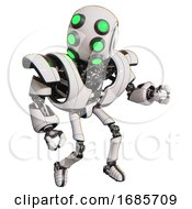 Poster, Art Print Of Cyborg Containing Round Head And Six Eye Array And Bug Eyes And Heavy Upper Chest And Heavy Mech Chest And Ultralight Foot Exosuit White Fight Or Defense Pose