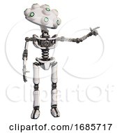 Poster, Art Print Of Cyborg Containing Techno Multi-Eyed Domehead Design And Light Chest Exoshielding And No Chest Plating And Ultralight Foot Exosuit White Pointing Left Or Pushing A Button