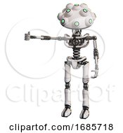 Poster, Art Print Of Cyborg Containing Techno Multi-Eyed Domehead Design And Light Chest Exoshielding And No Chest Plating And Ultralight Foot Exosuit White Arm Out Holding Invisible Object