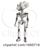 Poster, Art Print Of Cyborg Containing Techno Multi-Eyed Domehead Design And Light Chest Exoshielding And No Chest Plating And Ultralight Foot Exosuit White Standing Looking Right Restful Pose