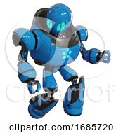Poster, Art Print Of Cyborg Containing Grey Alien Style Head And Blue Grate Eyes And Heavy Upper Chest And Circle Of Blue Leds And Light Leg Exoshielding And Stomper Foot Mod Blue Fight Or Defense Pose