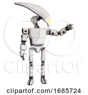 Poster, Art Print Of Android Containing Flat Elongated Skull Head And Light Chest Exoshielding And Prototype Exoplate Chest And Ultralight Foot Exosuit White Pointing Left Or Pushing A Button