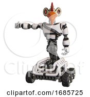 Poster, Art Print Of Robot Containing Bird Skull Head And Red Line Eyes And Chicken Design And Light Chest Exoshielding And Rubber Chain Sash And Six-Wheeler Base White Arm Out Holding Invisible Object