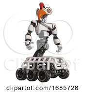 Robot Containing Bird Skull Head And Red Line Eyes And Chicken Design And Light Chest Exoshielding And Rubber Chain Sash And Six Wheeler Base White Hero Pose by Leo Blanchette