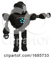 Poster, Art Print Of Bot Containing Green Dot Eye Corn Row Plastic Hair And Heavy Upper Chest And Circle Of Blue Leds And Prototype Exoplate Legs Black Pointing Left Or Pushing A Button