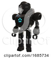 Poster, Art Print Of Bot Containing Green Dot Eye Corn Row Plastic Hair And Heavy Upper Chest And Circle Of Blue Leds And Prototype Exoplate Legs Black Standing Looking Right Restful Pose