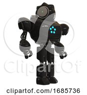 Poster, Art Print Of Bot Containing Green Dot Eye Corn Row Plastic Hair And Heavy Upper Chest And Circle Of Blue Leds And Prototype Exoplate Legs Black Hero Pose