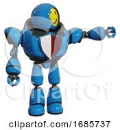 Poster, Art Print Of Android Containing Round Head Yellow Happy Face And Heavy Upper Chest And Red Shield Defense Design And Light Leg Exoshielding Blue Pointing Left Or Pushing A Button