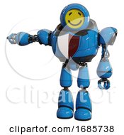 Poster, Art Print Of Android Containing Round Head Yellow Happy Face And Heavy Upper Chest And Red Shield Defense Design And Light Leg Exoshielding Blue Arm Out Holding Invisible Object