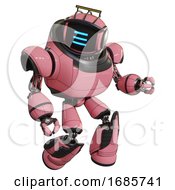 Poster, Art Print Of Robot Containing Digital Display Head And Three Horizontal Line Design And Led And Protection Bars And Heavy Upper Chest And Light Leg Exoshielding And Stomper Foot Mod Pink Fight Or Defense Pose