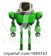 Automaton Containing Old Computer Monitor And Colored X Display And Red Buttons And Heavy Upper Chest And Ultralight Foot Exosuit Green Front View
