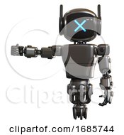 Poster, Art Print Of Mech Containing Digital Display Head And X Face And Winglets And Light Chest Exoshielding And Prototype Exoplate Chest And Jet Propulsion Metal Arm Out Holding Invisible Object