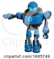 Poster, Art Print Of Cyborg Containing Grey Alien Style Head And Blue Grate Eyes And Heavy Upper Chest And Circle Of Blue Leds And Light Leg Exoshielding And Stomper Foot Mod Blue Arm Out Holding Invisible Object