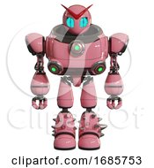 Poster, Art Print Of Robot Containing Grey Alien Style Head And Blue Grate Eyes And Heavy Upper Chest And Chest Green Energy Cores And Light Leg Exoshielding And Spike Foot Mod Pink Front View