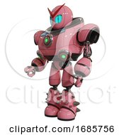 Poster, Art Print Of Robot Containing Grey Alien Style Head And Blue Grate Eyes And Heavy Upper Chest And Chest Green Energy Cores And Light Leg Exoshielding And Spike Foot Mod Pink Facing Right View