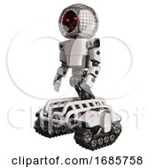 Poster, Art Print Of Android Containing Round Barbed Wire Round Head And Light Chest Exoshielding And Prototype Exoplate Chest And Tank Tracks White Facing Right View