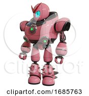 Poster, Art Print Of Robot Containing Grey Alien Style Head And Blue Grate Eyes And Heavy Upper Chest And Chest Green Energy Cores And Light Leg Exoshielding And Spike Foot Mod Pink Standing Looking Right Restful Pose