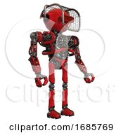 Poster, Art Print Of Bot Containing Oval Wide Head And Red Horizontal Visor And Barbed Wire Visor Helmet And Heavy Upper Chest And No Chest Plating And Ultralight Foot Exosuit Red Facing Left View