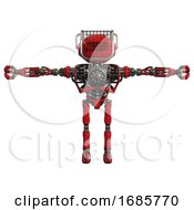 Poster, Art Print Of Bot Containing Oval Wide Head And Red Horizontal Visor And Barbed Wire Visor Helmet And Heavy Upper Chest And No Chest Plating And Ultralight Foot Exosuit Red T-Pose