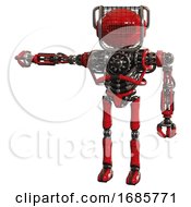 Poster, Art Print Of Bot Containing Oval Wide Head And Red Horizontal Visor And Barbed Wire Visor Helmet And Heavy Upper Chest And No Chest Plating And Ultralight Foot Exosuit Red Arm Out Holding Invisible Object