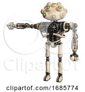 Poster, Art Print Of Droid Containing Techno Multi-Eyed Domehead Design And Heavy Upper Chest And No Chest Plating And Ultralight Foot Exosuit Off-White Arm Out Holding Invisible Object