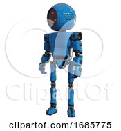 Poster, Art Print Of Robot Containing Three Led Eyes Round Head And Light Chest Exoshielding And Prototype Exoplate Chest And Ultralight Foot Exosuit Blue Standing Looking Right Restful Pose