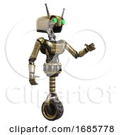 Poster, Art Print Of Robot Containing Dual Retro Camera Head And Cyborg Antenna Head And Light Chest Exoshielding And Ultralight Chest Exosuit And Unicycle Wheel Gold Interacting