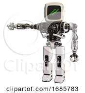 Automaton Containing Old Computer Monitor And Double Backslash Pixel Design And Heavy Upper Chest And No Chest Plating And Prototype Exoplate Legs White Arm Out Holding Invisible Object