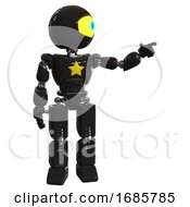 Poster, Art Print Of Bot Containing Giant Eyeball Head Design And Light Chest Exoshielding And Yellow Star And Prototype Exoplate Legs Black Pointing Left Or Pushing A Button