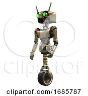 Robot Containing Dual Retro Camera Head And Cyborg Antenna Head And Light Chest Exoshielding And Ultralight Chest Exosuit And Unicycle Wheel Gold Facing Right View