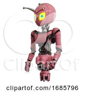 Poster, Art Print Of Bot Containing Grey Alien Style Head And Yellow Eyes With Blue Pupils And Bug Antennas And Light Chest Exoshielding And Ultralight Chest Exosuit And Jet Propulsion Pink Facing Right View