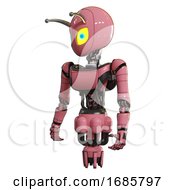 Poster, Art Print Of Bot Containing Grey Alien Style Head And Yellow Eyes With Blue Pupils And Bug Antennas And Light Chest Exoshielding And Ultralight Chest Exosuit And Jet Propulsion Pink