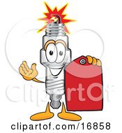 Spark Plug Mascot Cartoon Character Holding A Red Clearance Sales Price Tag