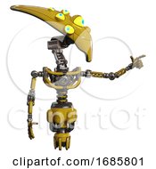 Poster, Art Print Of Mech Containing Flat Elongated Skull Head And Yellow Eyeball Array And Light Chest Exoshielding And No Chest Plating And Jet Propulsion Yellow Pointing Left Or Pushing A Button