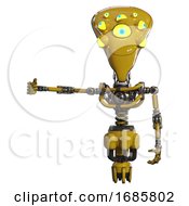 Poster, Art Print Of Mech Containing Flat Elongated Skull Head And Yellow Eyeball Array And Light Chest Exoshielding And No Chest Plating And Jet Propulsion Yellow Arm Out Holding Invisible Object