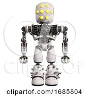 Poster, Art Print Of Cyborg Containing Round Head And Yellow Eyes Array And Heavy Upper Chest And No Chest Plating And Light Leg Exoshielding And Spike Foot Mod White Front View