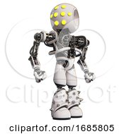 Poster, Art Print Of Cyborg Containing Round Head And Yellow Eyes Array And Heavy Upper Chest And No Chest Plating And Light Leg Exoshielding And Spike Foot Mod White Hero Pose