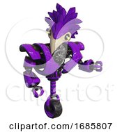 Robot Containing Bird Skull Head And Yellow Led Protruding Eyes And Bird Feather Design And Heavy Upper Chest And Heavy Mech Chest And Unicycle Wheel Purple Fight Or Defense Pose