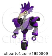 Poster, Art Print Of Robot Containing Bird Skull Head And Yellow Led Protruding Eyes And Bird Feather Design And Heavy Upper Chest And Heavy Mech Chest And Unicycle Wheel Purple Standing Looking Right Restful Pose